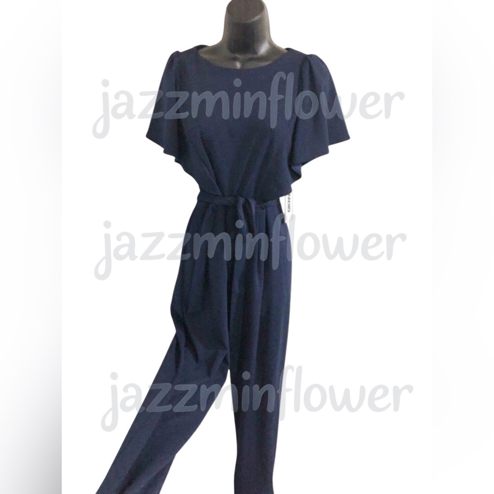 DKNY dark navy blue flutter sleeve belted jumpsuit size 4‎ new